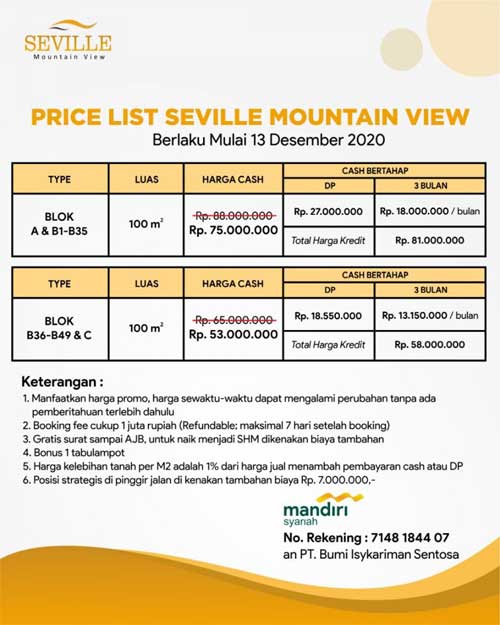 Price List Kavling Serbaguna Seville Mountain View